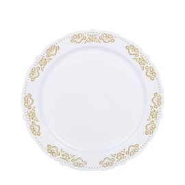 Balsa Circle 10 pcs 10-Inch wide White Plastic Salad Plates with Gold Trim - Disposable Wedding Party Tableware Supplies