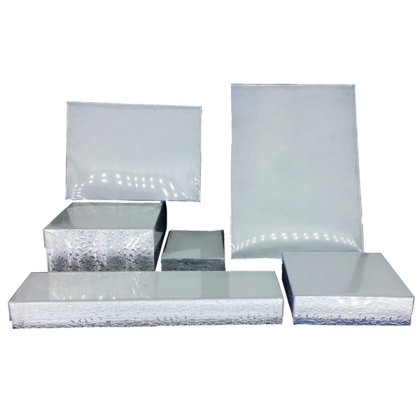 888 Display - Case of 100 Boxes of 7 1/8" x 5 1/8" x 1 1/8" Silver Foil with Clear Top Cotton Filled Jewelry Boxes
