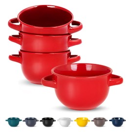 KooK French Onion Soup Crocks with Handles, Ceramic Bowls, for Rice, Dessert, Pasta, Dishwasher, Microwave, Oven & Broil Safe, Red, Set of 4, 18 oz, Red