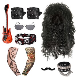 Rock Wig Men's Set of 80s Outfit Wig Men's Black, Punk Wig Men, Sunglasses, Moustache, Headscarves, Gloves, Tattooed Sleeves, Guitar, Bracelet Kit Fancy Dress Accessories, black
