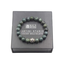 Men's Dark Green Jade Bracelet, Jade and Sterling Silver Beads Bracelet