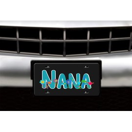 Nana License Plate (Grandmother) -Teal Blue and Whimsical Flowers Quote on a Black background metal Vanity Car License Plate Tag