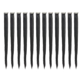 SWACC 12 Pcs Straight One Color Party Highlights Clip on in Hair Extensions For Women Colored Hair Streak Synthetic Hairpieces (Black-1B)