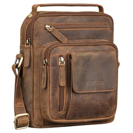 ROYALZ 'Fargo' Compact Genuine Leather Everyday Bag for Men - Shoulder Bag Men's Small Leather in Vintage Look - Small Leather Bag for Hanging 11 Inch Tablet Bag, Nevada Brown, S