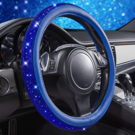 CAR PASS Bling Diamond Leather Steering Wheel Cover, with Bling Sparkly Crystal Glitter Rhinestones Universal Fit 14" 1/2-15" Car Wheel Protect for Women Girl Fit Suvs,Vans,Sedans,Cars,Trucks, Blue