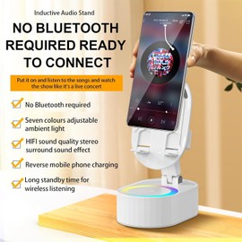 AKLLCCR Wireless Induction Audio Bluetooth Speaker 5in1 Phone Holder Emergency Rechargeable (3000mAh) with Colorful Ambient Light 300° Foldable for Tablet iPhone Android, Gifts for Men Women (White)