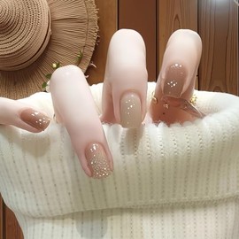 LEVGAL Nail Tips, Short, False Nails, Khaki Gradient, Delicate Glitter, Short, Popular Nails, Set of 24, Japanese Style, Cute, Double-Sided Tape, Stylish, Simple, Coming-of-Age Ceremonies, Weddings, School Entrance Ceremonies, Graduation Ceremonies