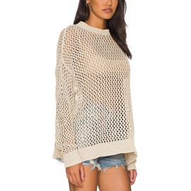 Ebifin Womens Crochet Tops Long Sleeve Beach Summer Sweater Crew Neck Mesh Cover Ups Bikini Swimsuit Tunic Pullover Tops Beige