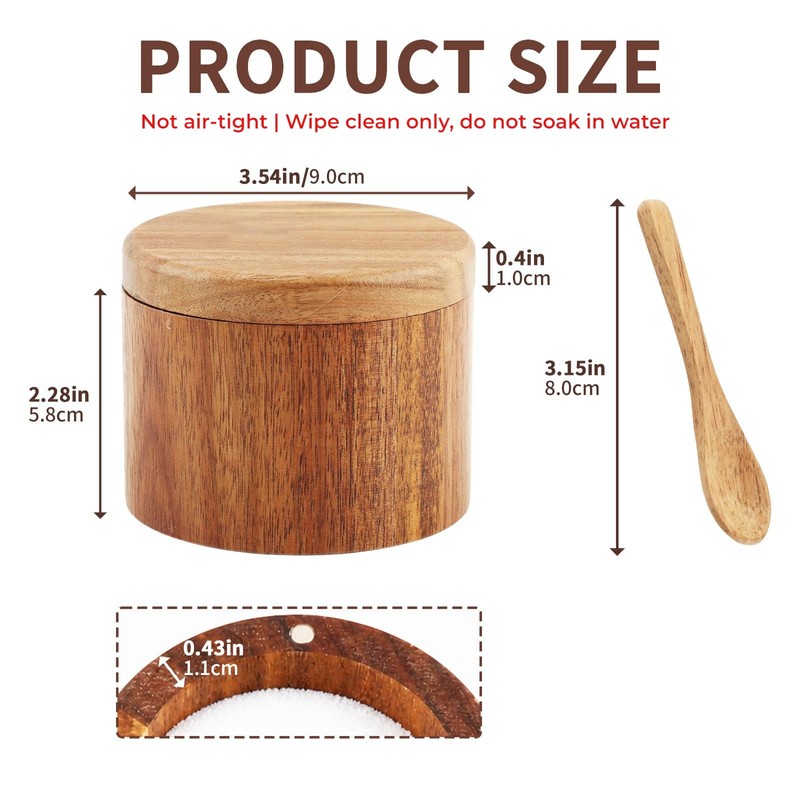 Salt Cellar, Acacia Wood Salt Container with Built‑in Spoon &