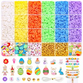 BONNY BOXX 3600PCs Easter Day Clay Beads Set, Flat Round Disc Heishi Polymer Clay Beads with Letter Beads & Charms for Friendship Bracelet Making, Easter Basket Stuffer for DIY Crafts Birthday Gifts