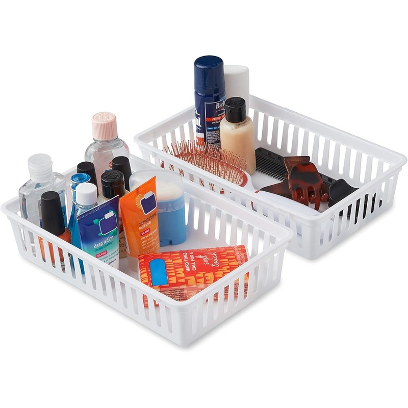 Tribello Plastic Bin Baskets for Organizing, White Storage Tray, Rectangle