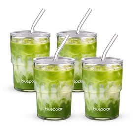 BLUEPOLAR - Vaso de agua de vidrio de 13 oz/400 ml con popote y tapa, sellado para llevar en pared gruesa, taza de café helado, taza de vidrio para agua, té helado, jugo de frutas, etc. (blanco, 4