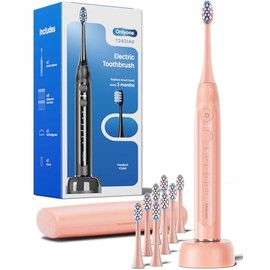 Onlyone Sonic Pro - Cepillo de dientes eléctrico, color rosa, tecnología ultrasónica con pantalla LED, 5 modos de limpieza, recargable, incluye base d