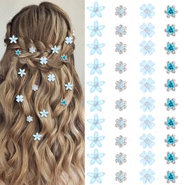 YISSION 40 Pcs Mini Blue Flower Hair Clips Cute Rhinestone Hair Pins Small Decorative Hair Clips Wedding Hair Barrettes Bridal Flower Girl Hair Accessory