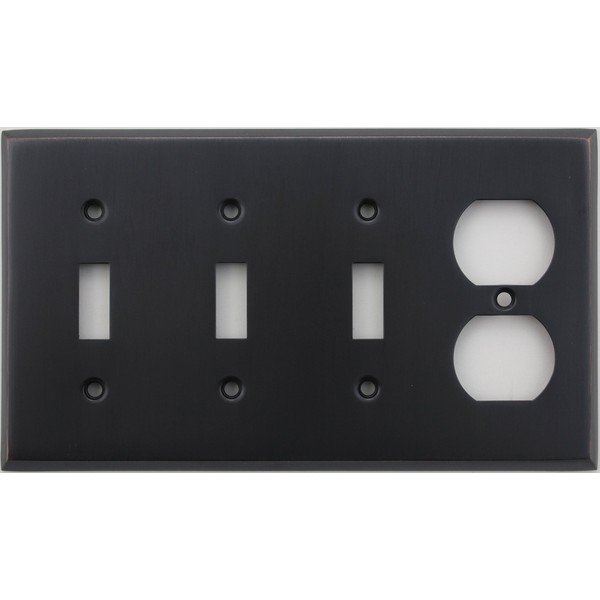 Classic Accents Stamped Steel Oil Rubbed Bronze Four Gang Wall Plate - Three Toggle Light Switch Openings One Duplex Outlet Opening