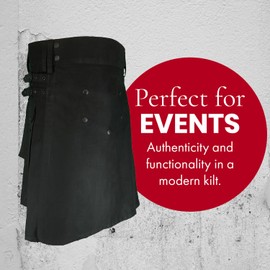 UT Kilts Deluxe Utility Kilt for Men, Adjustable Poly-Cotton Modern Kilt for Scottish Attire, With Elegant Studded Front Apron & 4 Pockets, 23" Length (Blackout, Size 38)