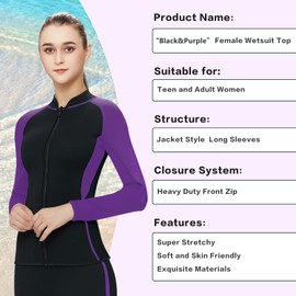 INTBOSS Womens Wetsuit Top 3mm, Purple, Neoprene, Long Sleeve, Front Zip, Warm, Snorkeling, Swimming, Kayaking, Diving