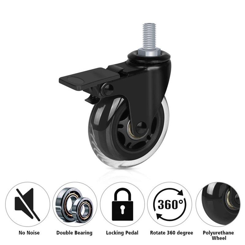 Hirate 3" Caster with 3/8"-16UNC Threaded Stem(2 Casters with Brake