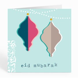 Islamic Moments Eid Mubarak Lanterns & Calligraphy Card In Aqua With Shades of Pink and Beige
