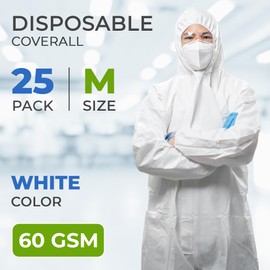 AMZ Medical Supply White Disposable Coveralls with Hood, Medium. Pack of 25 Microporous Lab Coveralls for Men and Women. 60 GSM Painters Suit Disposable with Storm Flap Zipper Cover. Hazmat Suit