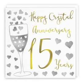 Hunts England - 15th Wedding Anniversary Card - Happy Crystal Anniversary - 15 Years - Silver Hearts Collection - For Couples, Friends, Him, Her