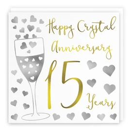Hunts England - 15th Wedding Anniversary Card - Happy Crystal Anniversary - 15 Years - Silver Hearts Collection - For Couples, Friends, Him, Her