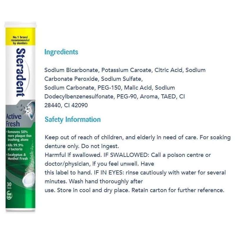 Steradent Active Fresh Denture Cleaning Tablets 30 - Daily Denture