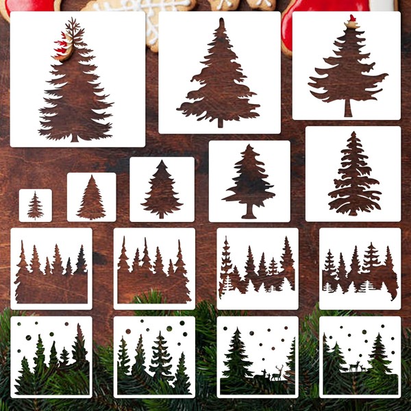 JarThenaAMCS 16Pcs Christmas Tree Stencils Assorted Pine Trees Templates Stencils