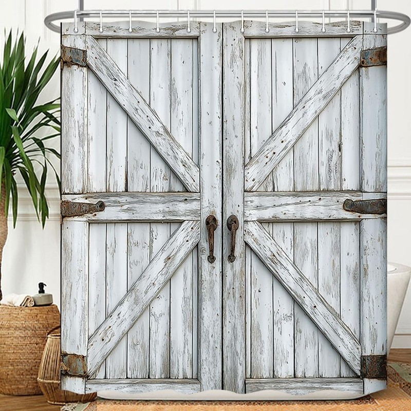 Rustic Wooden Barn Door Shower Curtain, 72x72 Inch, White