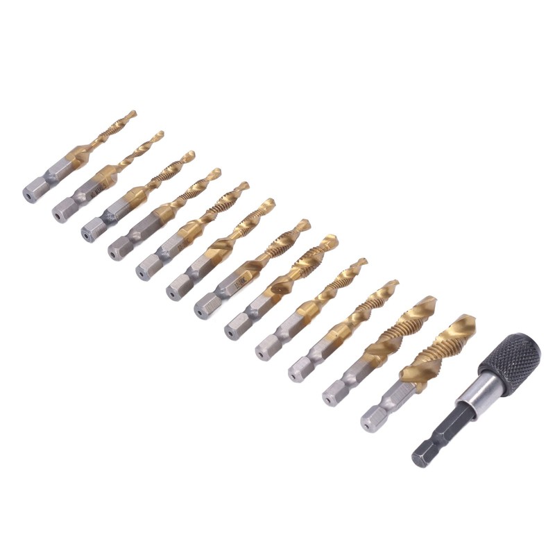 13Pcs/Set Combination Drill Tap High Speed Steel Titanium Plated Hex