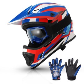 TCMT Dot Youth & Kids Motocross Offroad Street Helmet Full Face Motorcycle Youth ATV Helmet Dirt Bike Motocross ATV Helmet+Gloves+Goggles Blue-S