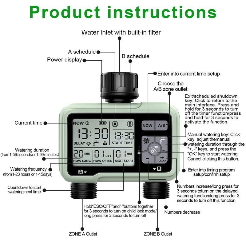 Irrigation Computer with 2 Independently Controlled Outputs, Digital Watering Timer