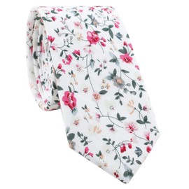 Men's Casual Skinny Novelty Necktie 2.36" Width White Coral Pink Floral Pattern Cotton Suit Ties