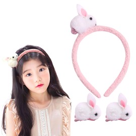 HIFANMM Easter Headbands Hair Clips, 1 Bunny Hair Bands and 2 Bunny Hairpins, Cute Plush White Rabbit Pink Tail Hair Accessories Easter Day Decoration Headdress Party Supplies Gift Hair Hoop