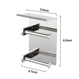 SCDGRW Brushed Nickel Toilet Paper Holder with Shelf – 304 Stainless Steel Wall Mount Stacked Double Roll Holder, Fits Mega Rolls & Holds Phone – Space-Saving Bathroom Organizer
