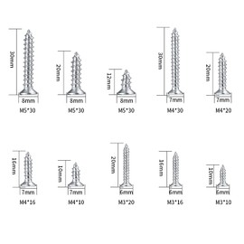 250G Self Tapping Screws Assortment Fasteners Set, M3/M4/M5 Sheet Metal Screws Fasteners Kit, Round Phillips Drive Flat Countersunk Head Wood Screws for Woodworking - 10 Sizes