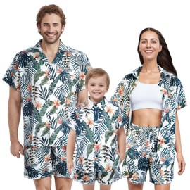 IFFEI Family Matching Outfits Hawaiian Plant Printed Shirt and Shorts Womens Mens Kids Loungewear Blouse Set with Pockets Women L Green Leaves