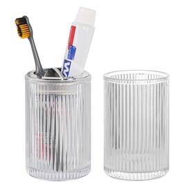 Tonxus Clear Toothbrush Holders for Bathrooms, 2pcs Glass Toothbrush Holder and 12oz Bathroom Tumbler Cup Set, Silver Tooth Brush and Toothpaste Organizer for Bathroom Vanity Countertop