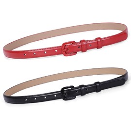 WHIPPY Women Skinny Leather Belt Thin Waist Jeans Belt for Pants in Pin Buckle Belt, Black/Red, Pants Size 24-29 Inches