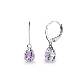 Sterling Silver Genuine or Synthetic Gemstone 7x5mm Teardrop Bezel-Set Dainty Dangle Leverback Earrings, Metal, Amethyst