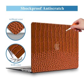 KEROM Crocodile Case for MacBook Air 13 inch M1 2021 2020 2019 2018 A2337 A2179 A1932, Crocodile MacBook Air M1 Case, Texutured Aligator Skin Snakeskin PU Leather Hard Shell & Keyboard Cover, Brown