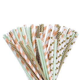 Flower Paper Straws, Organic Paper Straws, Pack of 100, Gold, Green and Orange