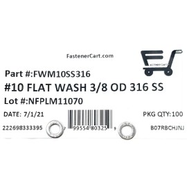 FAS (100) #10 ID x 3/8" OD 316 Stainless Steel Flat Washer 316 MARINE GRADE