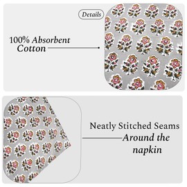 CPC Cloth Napkins 100% Cotton Set of 4 Reusable Napkins, Indian Block Print Toile Floral Dinner Napkin, Fall Thanksgiving Christmas Holiday Party Gift - Soft Absorbent Napkin, 18"x18" Labra Gray