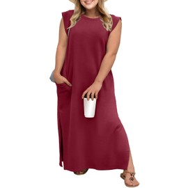 OLRIK Plus Size Maxi Dress Summer 2025 Round Neck Casual Loose Split Wrinkle-Free Long Sundress with Pockets Wine Red-3X