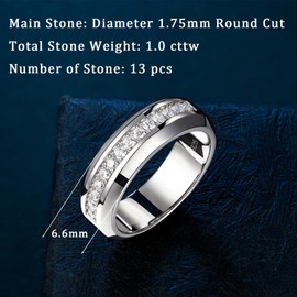 SweetJew Mens Moissanite Wedding Band 925 Sterling Silver with 13 Round Cut Lab Created Stones D Color VVS1 Clarity Engagement Promise Ring Gift for Him Size 10