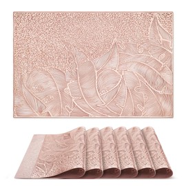 fanquare Rose Gold Leaf Pattern Rectangle Placemats, Set of 6, 18" x 12" Vinyl Hollow Out Metallic Table Mats for Dining Kitchen Home