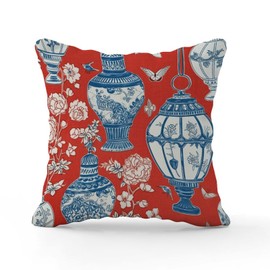 BRUYU5SE Chinoiserie Monkey Decor Ginger Jar Red Pillow Cover Coral Peony Porcelain Pillow Covers 16x16 INRetro Accent Square Couch Sofa Cushion Covers for Couch Sofa Patio