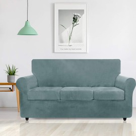 ZNSAYOTX Luxury Velvet Couch Cover 4 Piece Stretch Oversized Sofa Covers for 3 Cushion Couch Thick Soft Large Sofa Slipcover Anti Slip Dogs Pet Furnitre Protector (Stone Blue, XL Sofa)