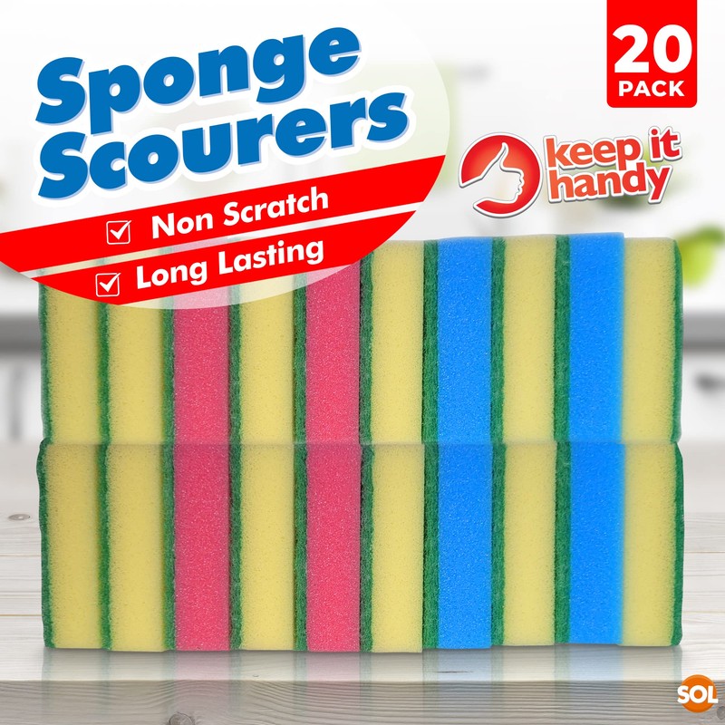 20pk Small Sponge Scourer for Kitchen | Blue, Pink, Yellow
